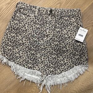 Free People Leopard Print Frayed Jean Shorts